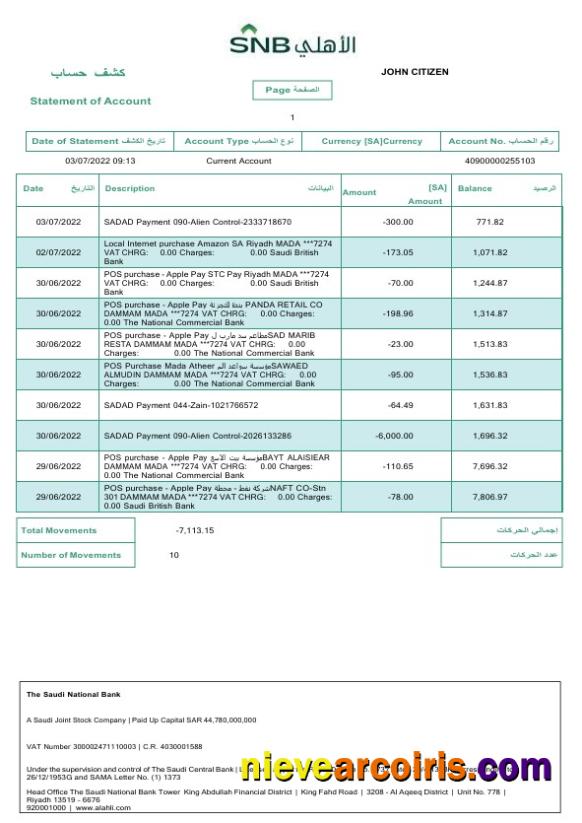 Saudi Arabia Saudi National Bank statement Word and PDF